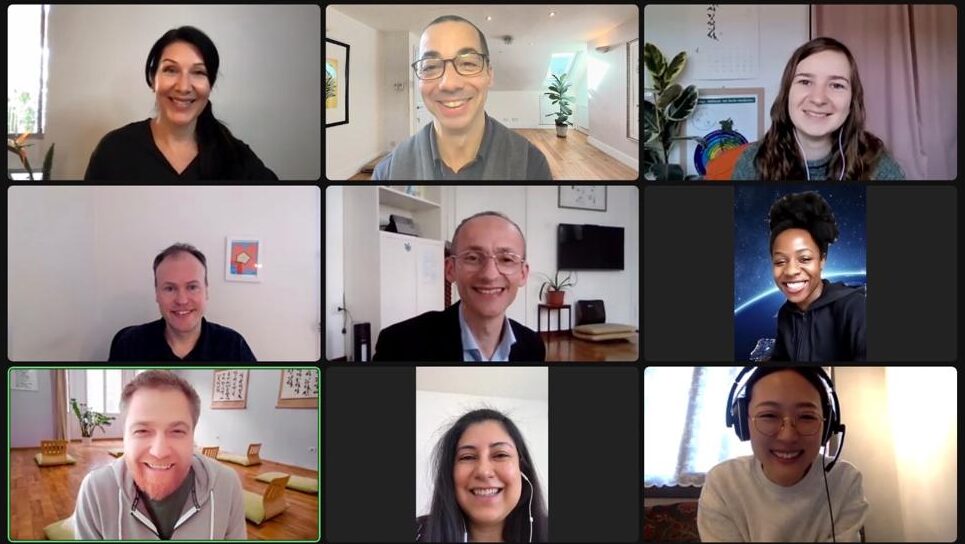 Happy people of diverse nationalities meditating online with big smiles